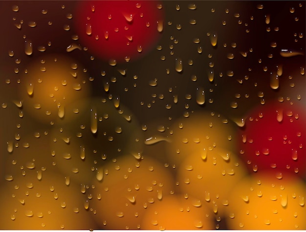 Vetor as luzes da cidade e as gotas das janelas a água de condensação cai no fundo de vidro a chuva cai com foguetes