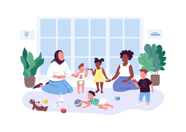 As mães ajudam as mães personagens sem rosto com cores planas. grupo de mãe e bebê. mulheres passam tempo com seus filhos ilustração de desenhos animados isolados para design gráfico e animação web