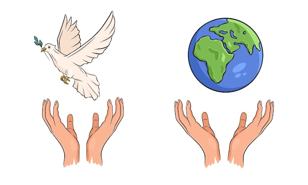 As mãos apoiam o planeta terra e uma pomba voadora Conceito de paz mundial Dia da paz dos homens Desenhado à mão