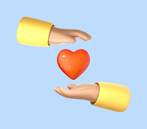 Vetor as mãos dos desenhos animados 3d segurando o coração vermelho conceito de caridade, amor, saúde as palmas das mãos seguram o símbolo do coração vector a ilustração 3d
