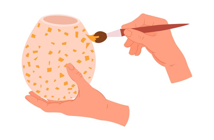 Vetor as mãos dos oleiros pintam a ilustração vetorial plana da olla o processo da oficina de cerâmica