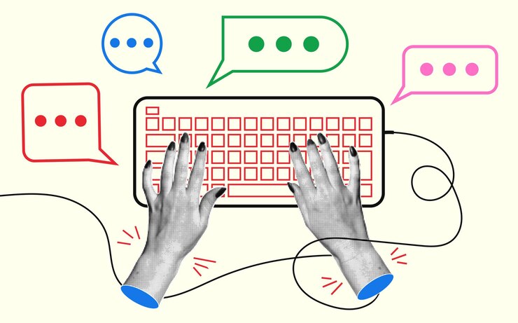Vetor as mãos estão digitando no teclado vista de cima colagem retrô com efeito de meio-tom vetor