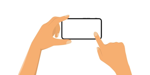 As mãos humanas seguram horizontalmente o telefone móvel com ilustração em vetor de tela em branco