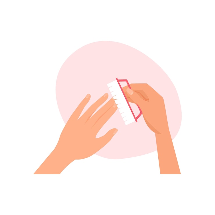 Vetor as mãos usam escova para limpar as unhas e a pele dos dedos no procedimento de manicure