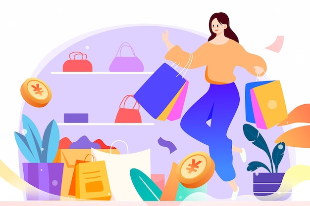 As meninas do festival de compras estão comprando produtos de fundo com shoppings e vetores de mercadorias