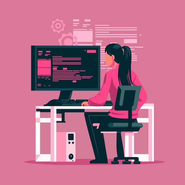 Vetor as meninas podem codificar ilustração vetorial de programador feminino rosa