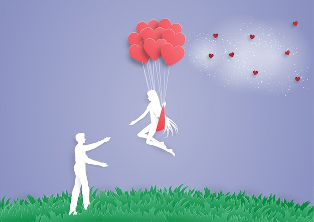 As mulheres no balão de coração vão para o homem casal amor