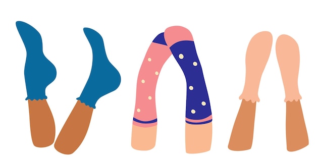 As pernas da mulher em meias aconchegantes são levantadas para cima. Belas pernas femininas Ilustração em vetor plana.