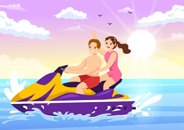 Vetor as pessoas andam de jet ski ilustração férias de verão recreação e atividade de praia na mão desenhada
