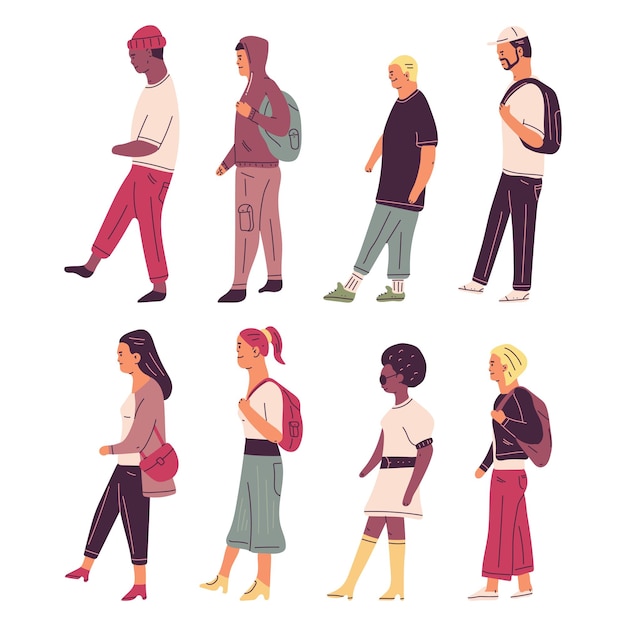 As pessoas andam personagens de desenhos animados vetoriais isolados em um fundo branco