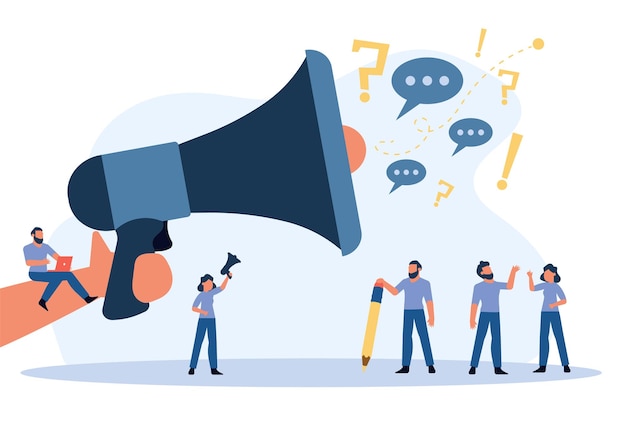 As pessoas anunciam publicidade com ilustração vetorial de megafone Foco de conscientização homem alto-falante