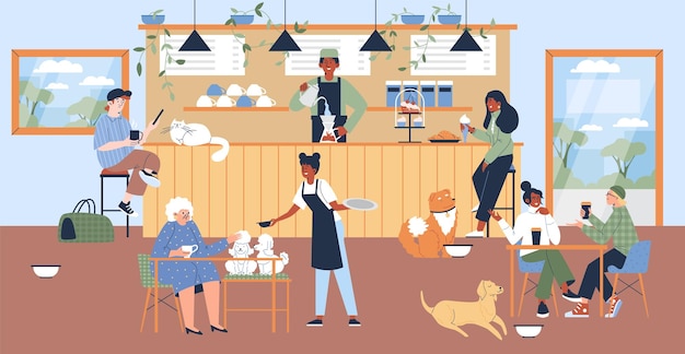 As pessoas comem junto com animais de estimação em um café ilustrações planas em um fundo branco