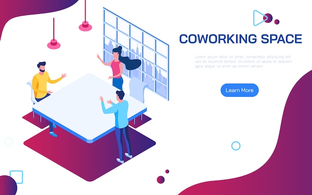 Vetor as pessoas discutindo idéias para o plano de negócios no espaço de trabalho compartilhado ambiente de trabalho compartilhado.
