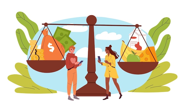 As pessoas distribuem fundos homem e mulher perto de pesos com comida e dinheiro aumento dos preços dos alimentos inflação