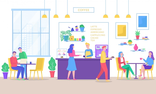 As pessoas do bar café bebem café no café, homem e mulher sentada nas mesas, barista em pé no balcão de ilustração coffeeshop.