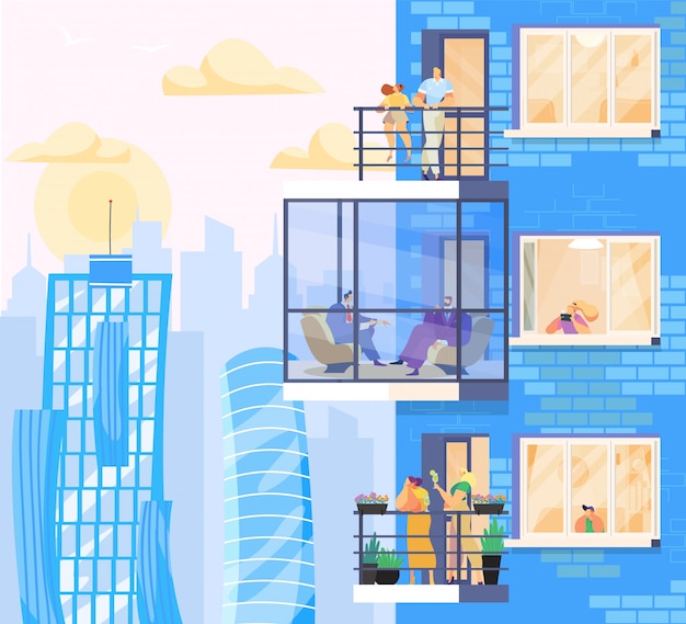 Vetor as pessoas em casa, apreciam a vista da cidade de apartamentos modernos em arranha-céus, ilustração