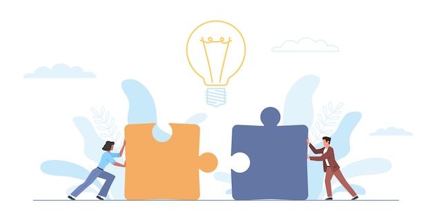 As pessoas empurram o quebra-cabeça Trabalho em equipe, colaboração de implementação de ideias bem-sucedidas, homem e mulher minúsculos, montando um grande quebra-cabeça Parceria na empresa e nos relacionamentos Conceito vetorial