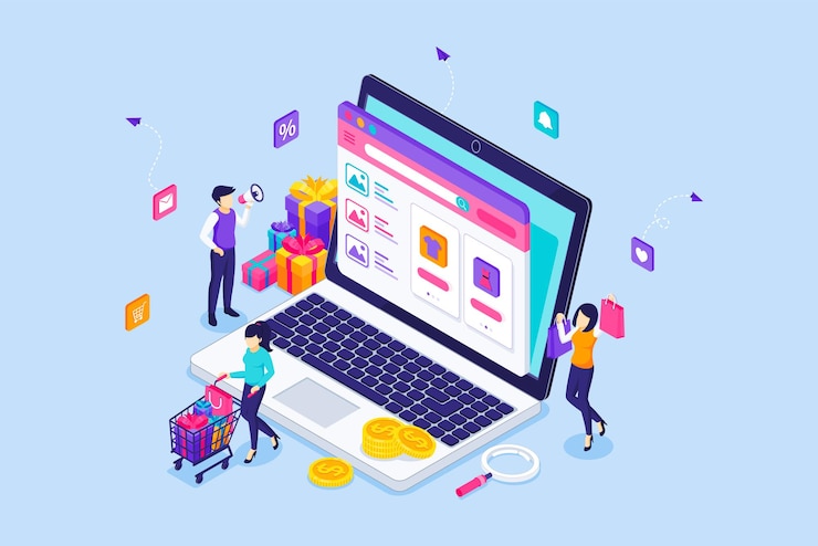 Vetor as pessoas estão comprando online e comprando coisas em uma loja online por meio de um laptop gigante isométrico