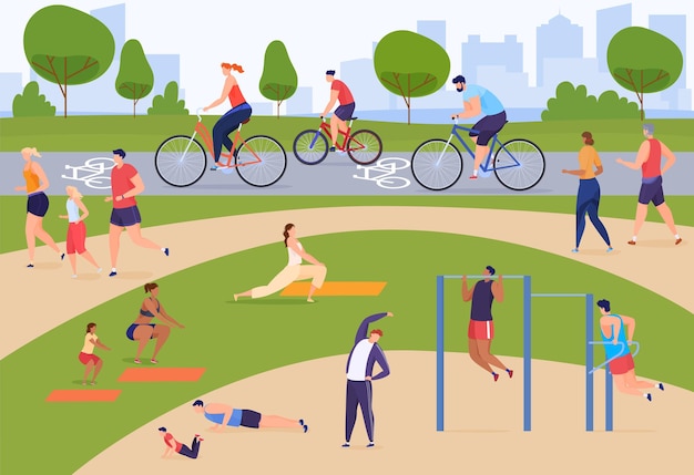 As pessoas estão gastando tempo ativamente. Praticar esportes no parque, correr, andar de bicicleta, campos esportivos. Ilustração colorida em estilo cartoon plana.