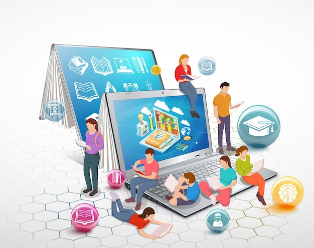 As pessoas estão lendo livros sentados em um laptop Conceito de educação on-line Modelo de página de destino