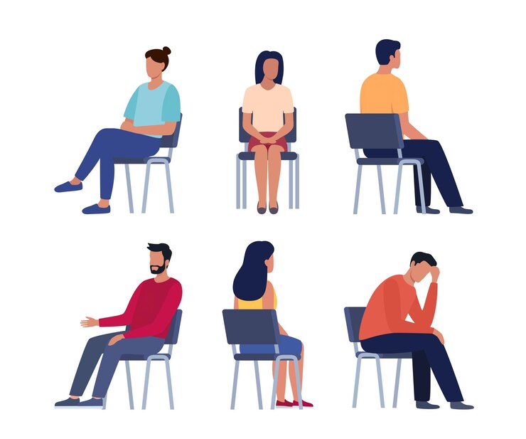 Vetor as pessoas estão sentadas em cadeiras homens e mulheres sentam-se em poses diferentes em cadeiras