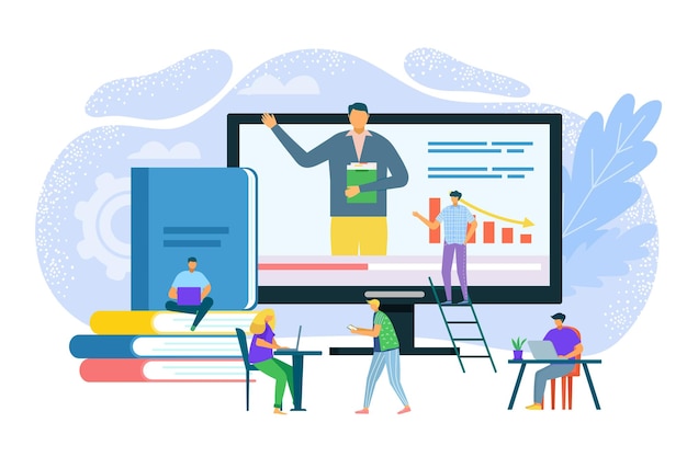 As pessoas obtêm educação na ilustração vetorial do conceito de estudo de computador Aprendendo no conhecimento da web de tecnologia universitária na internet