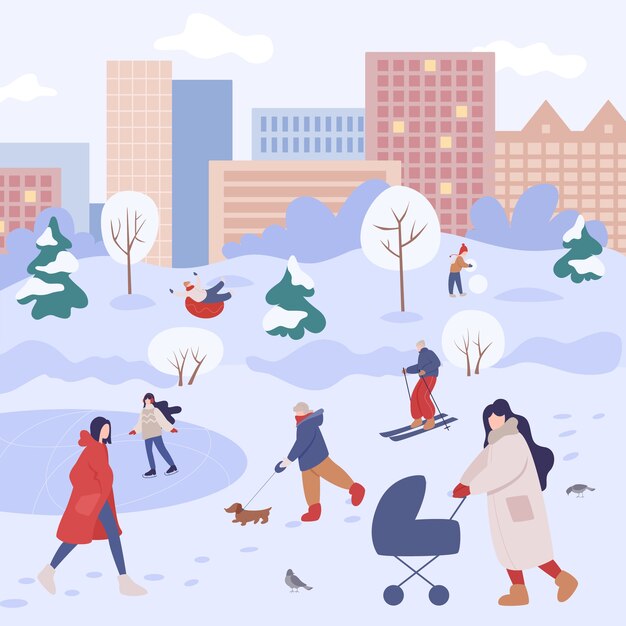 As pessoas passam tempo ao ar livre no inverno. Pessoas com roupas quentes, fazendo atividades de inverno. Atividade de inverno da cidade com a família. ilustração