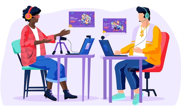 As pessoas se comunicam por meio de podcasts e webinars Homens no estúdio de gravação sentados em uma mesa com laptops Personagens de tecnologia da Internet falando ao microfone caras conversando à distância