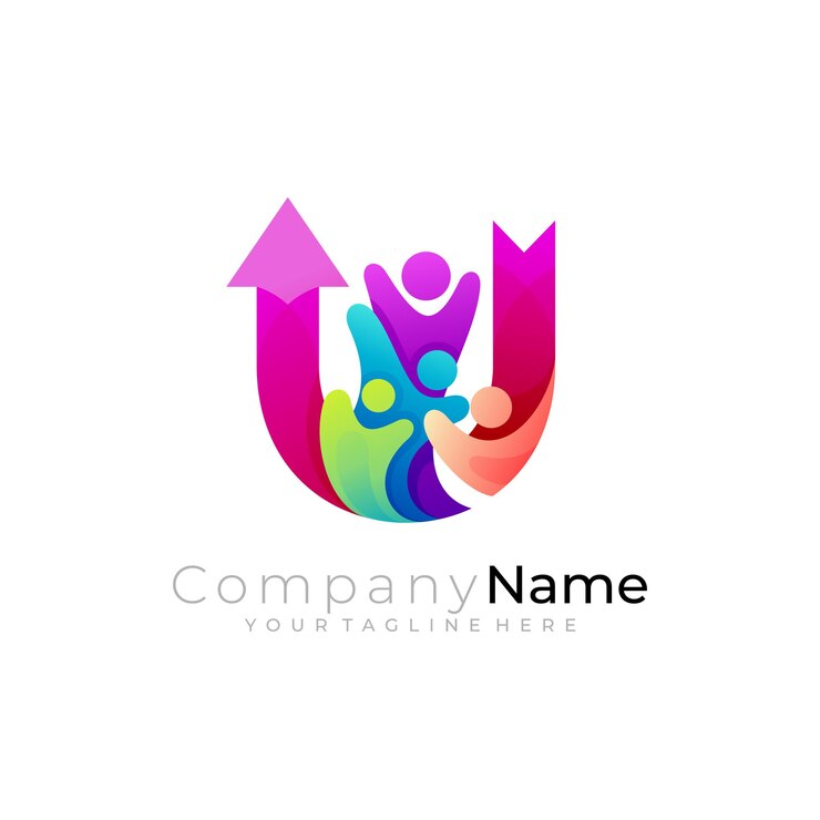 Vetor as pessoas se preocupam com o logotipo com a família social de design da letra u e seta
