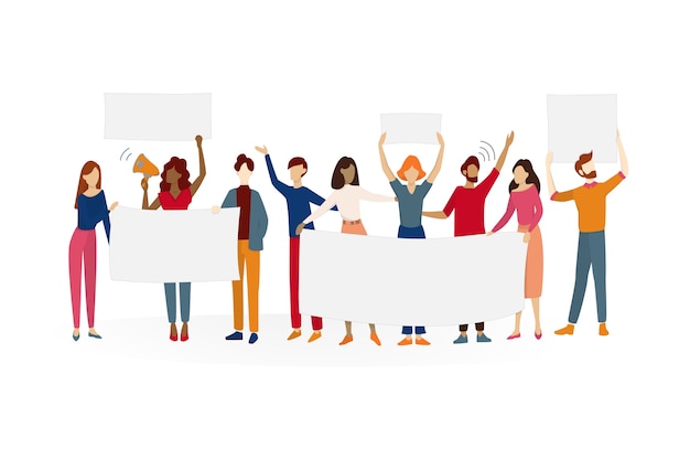 As pessoas seguram a bandeira. Grupo de personagens com um tabuleiro vazio em branco para mensagem. Conceito de publicidade. ilustração em estilo cartoon