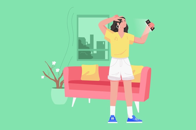 As pessoas sentam-se em gadgets moderno conceito plano mulher feliz posando e tirando selfie usando smartphone jovem...