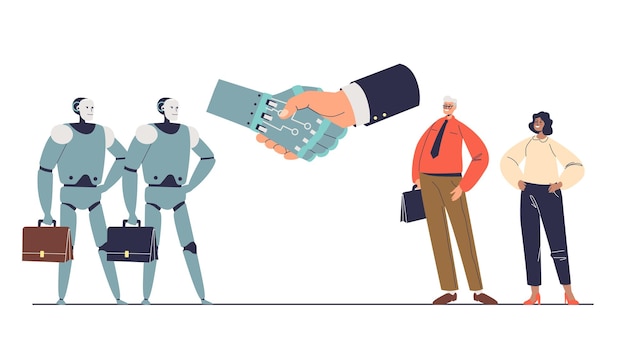 As pessoas trabalham com robôs Colaboração humana e robótica com aperto de mão do empresário e tecnologia cibernética ai Conceito de automação futura Ilustração em vetor plana dos desenhos animados
