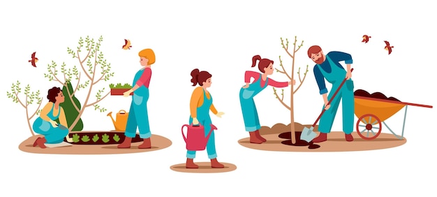 as pessoas trabalham no parque jardim planta flores árvores carregam em uma água pode gotejar o solo com uma pá