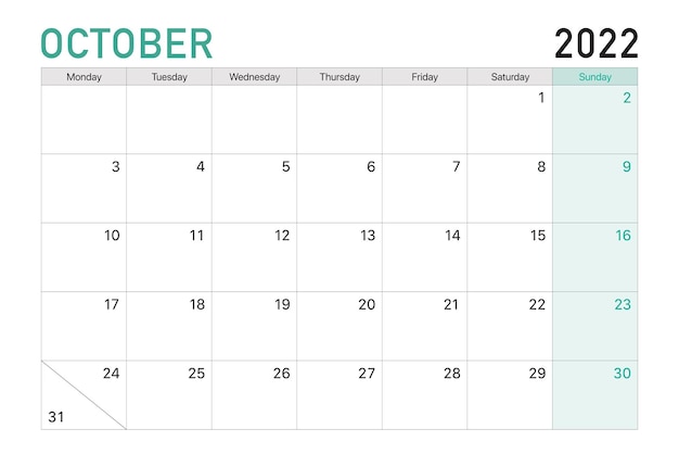 As semanas do calendário de mesa vetorial de ilustração de outubro de 2022 começam na segunda-feira em tema verde-claro e branco