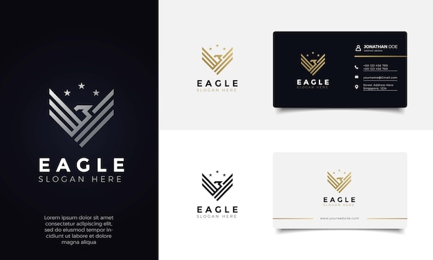 Asas de águia elegante e luxuoso design de logotipo dourado e cartão de visita