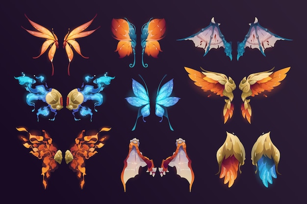 Asas de fantasia par de desenho animado de morcego de fada e asas de borboleta anjo mágico e criatura de conto de fadas elementos para design gráfico conjunto isolado vetorial