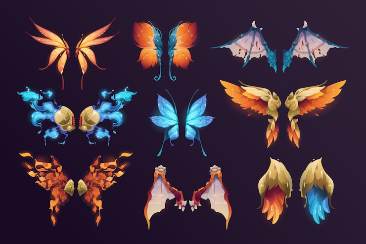 Vetor asas de fantasia par de desenho animado de morcego de fada e asas de borboleta anjo mágico e criatura de conto de fadas elementos para design gráfico conjunto isolado vetorial