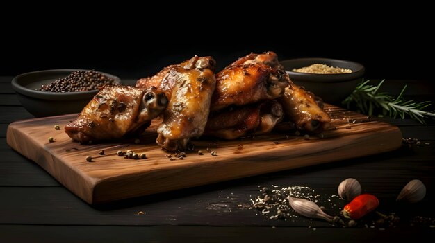 Vetor asas de frango grelhado na grelha de frango assado com coxas de frango assadas com alecrim na tábua de madeira
