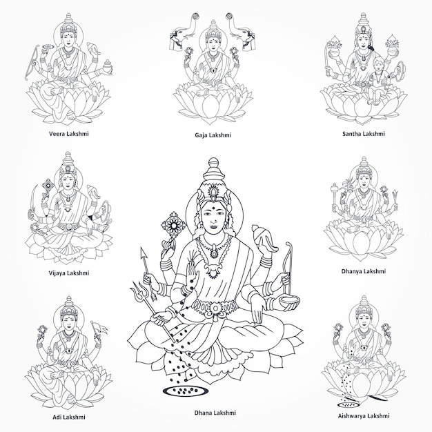 Vetor ashtalakshmi oito formas divinas da deusa da riqueza conhecimento força e prosperidade