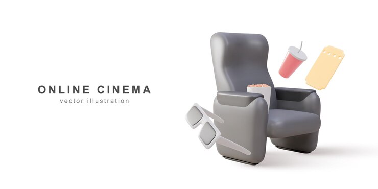 Vetor assento de cinema realista 3d com bilhetes confortáveis para os braços, beber pipoca e copos