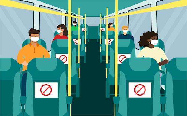 Assento de ônibus com distância social. preto e branco, homem, mulher na máscara facial. ilustração vetorial.