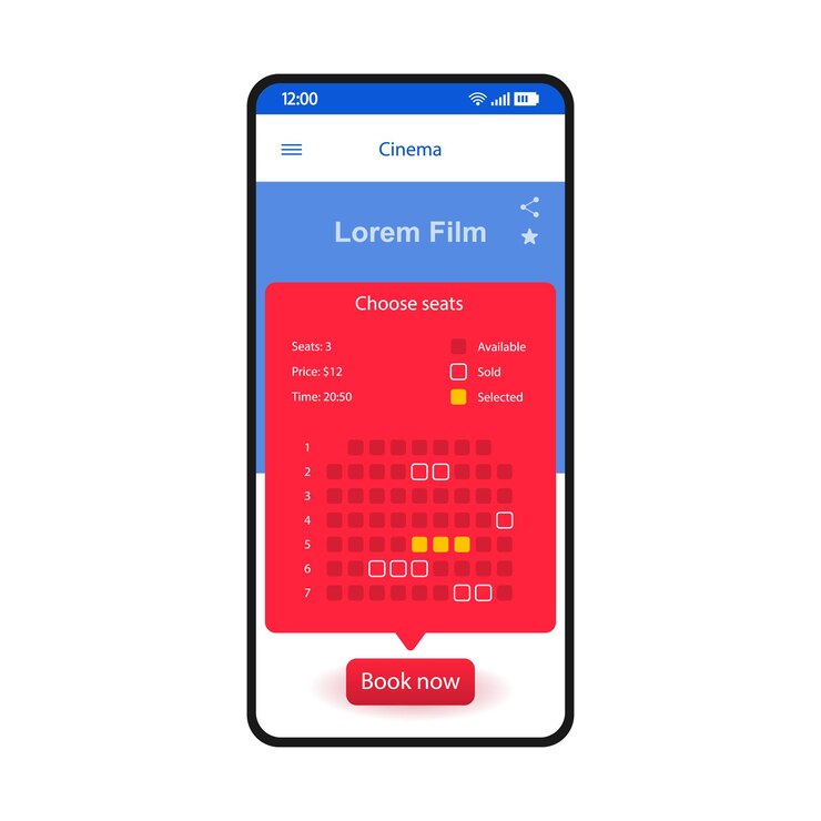Vetor assentos de cinema reservando modelo vetorial de interface de smartphone. layout de design de página de aplicativo móvel. cinema, tela de compra de ingressos para shows. ui plana para aplicação. reserva de lugares online. visor do telefone