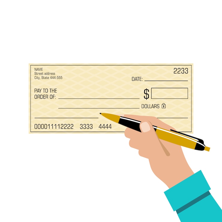 Vetor assinando um cheque bancário. caneta na mão
