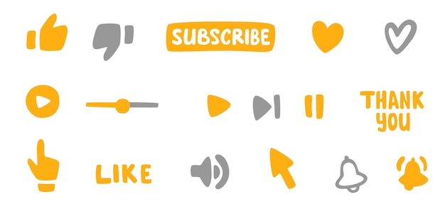 Assinatura, botão de chamada e cursor de mão. botão amarelo inscreva-se em um canal, blog, botão curtir, obrigado, ícone de volume, ligue. fundo em redes sociais. marketing. ilustração vetorial.