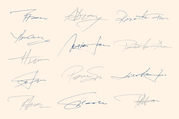 Assinaturas constituídas por assinaturas fictícias manuscritas para a assinatura de documentos sobre fundo branco