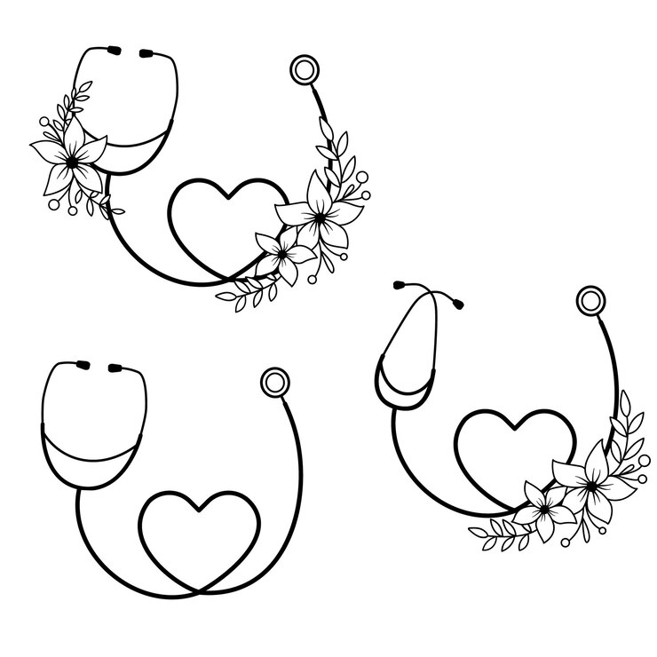 Vetor assine o estetoscópio com flores com coração. ilustração em vetor isolada em branco. logotipo médico no estilo de estrutura de tópicos.