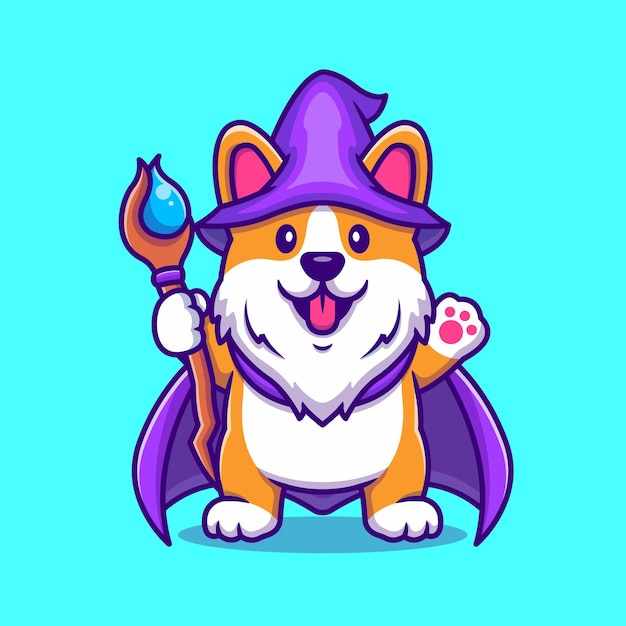 Assistente de cão bonito corgi com ilustração de ícone dos desenhos animados de varinha mágica.