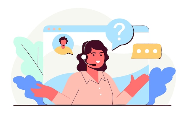 Assistente on-line de ajuda ao usuário Perguntas frequentes Trabalhador de call center Personagem de desenho animado Mulher trabalhando na linha directa