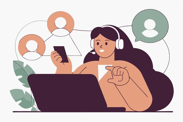 Assistente on-line de ajuda ao usuário Perguntas frequentes Trabalhador de call center Personagem de desenho animado Mulher trabalhando na linha directa