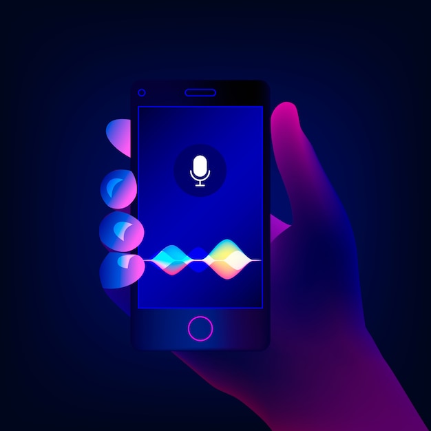 Assistente pessoal e conceito de reconhecimento de voz. Tecnologias inteligentes Soundwave. Mão segura um smartphone na tela do botão do microfone com voz brilhante e ondas de imitação de som.